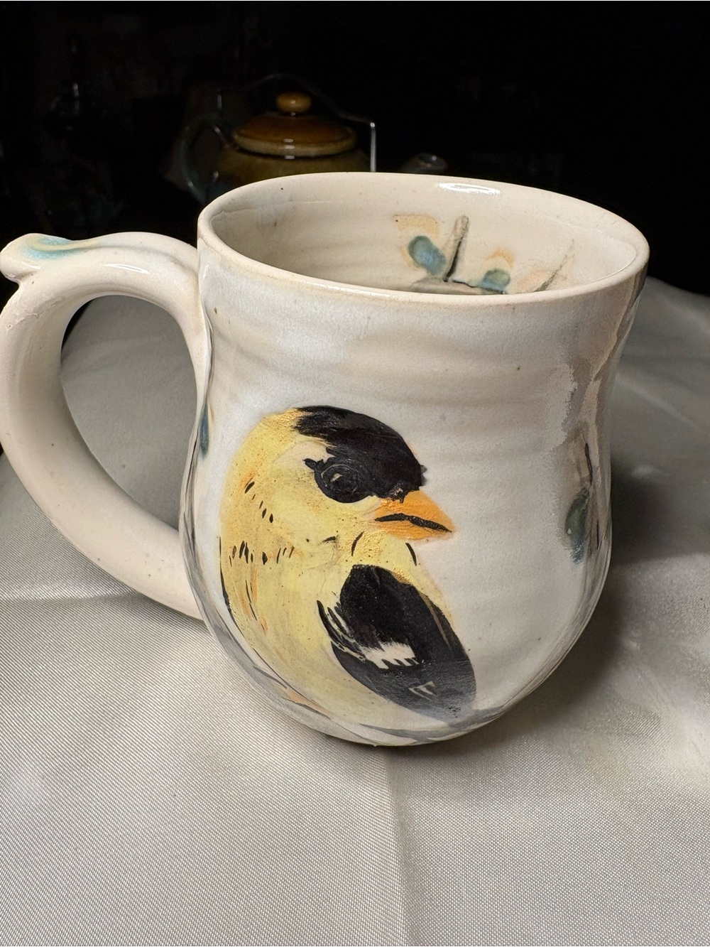 Handpainted White Ceramic Bird Mug with Yellow Goldfinch Design signed by Meliss